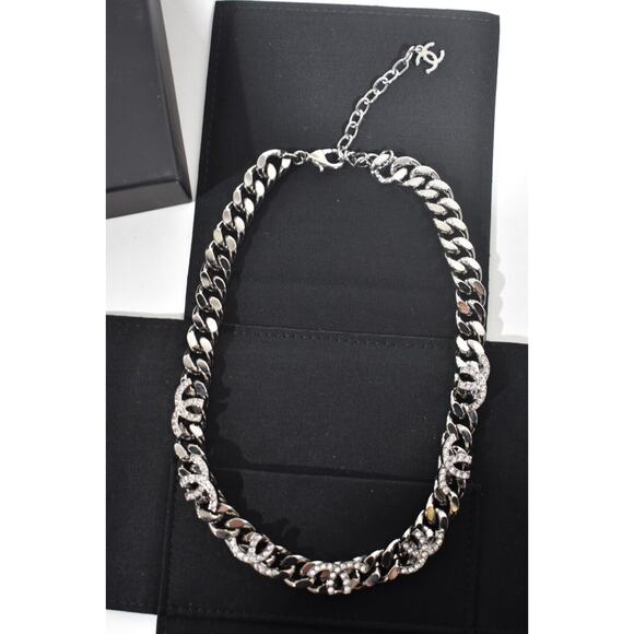 Chanel 22K Unsewn Cut Off CC Ruthenium Chain Cuban Link Crystal Choker Necklace - Picture 6 of 12